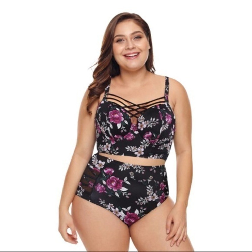 High Waist 2 Piece Swimsuit Bikini Black Floral
